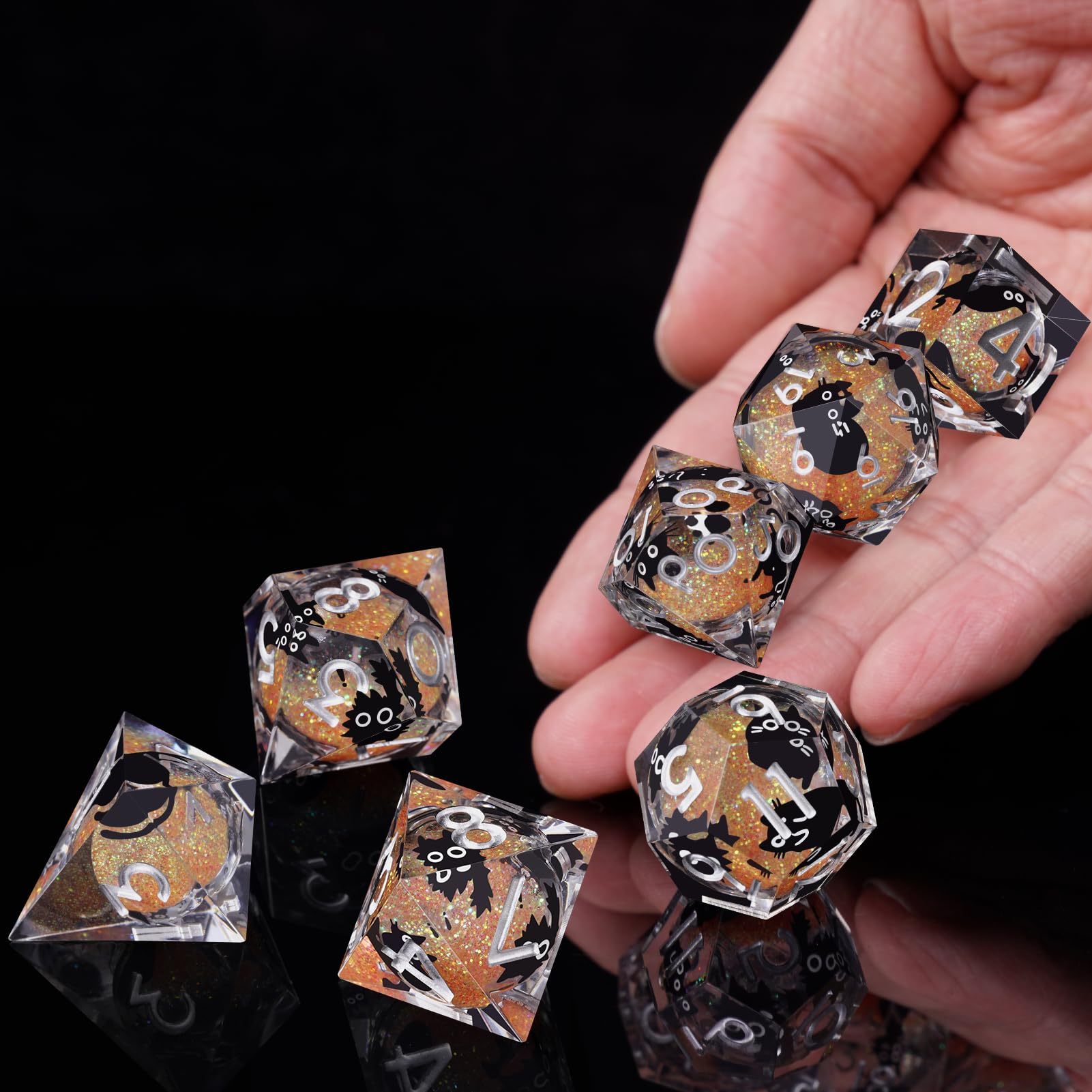 ORUZA 7 PCS Liquid Core Polyhedral DND Dice, Resin Sharp Edge Cat Dice Set for D&D Dungeons and Dragons RPG MTG Table Games - Image 4