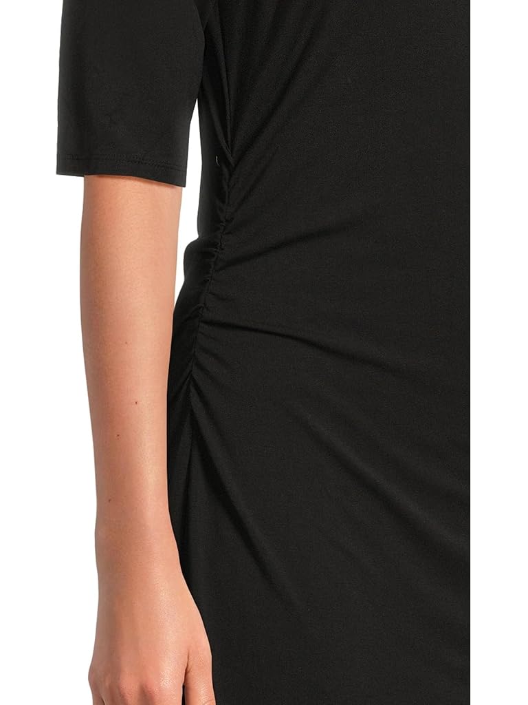 Black Mod-o-doc Elbow Sleeve Below The Knee Ruched Dress