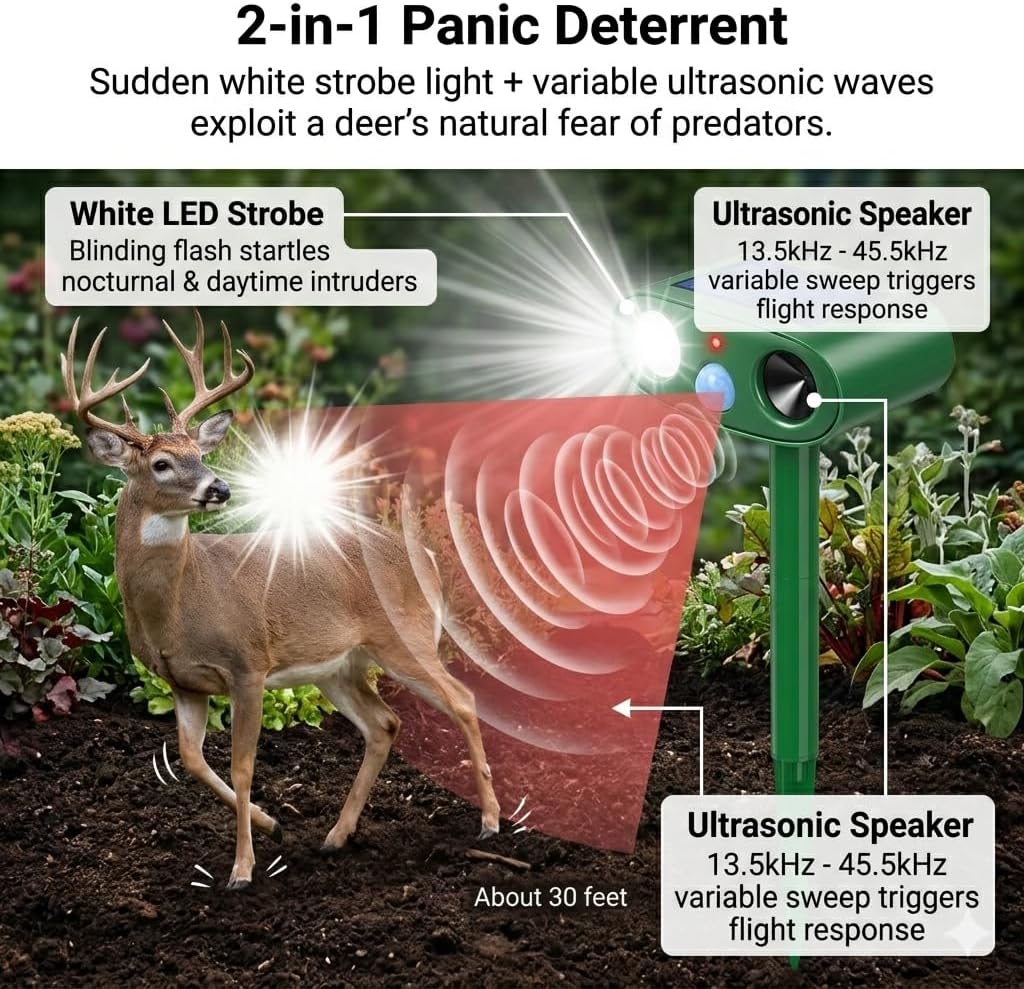2026 4Pack Sonic Fortress Pro Deer Repellent Outdoor Solar Ultrasonic Animal Repellent with Motion Sensor&Flash Light, IP65 Waterproof Squirrel Fortress Pro Raccoon,Cat Repellent for Garden,Yard