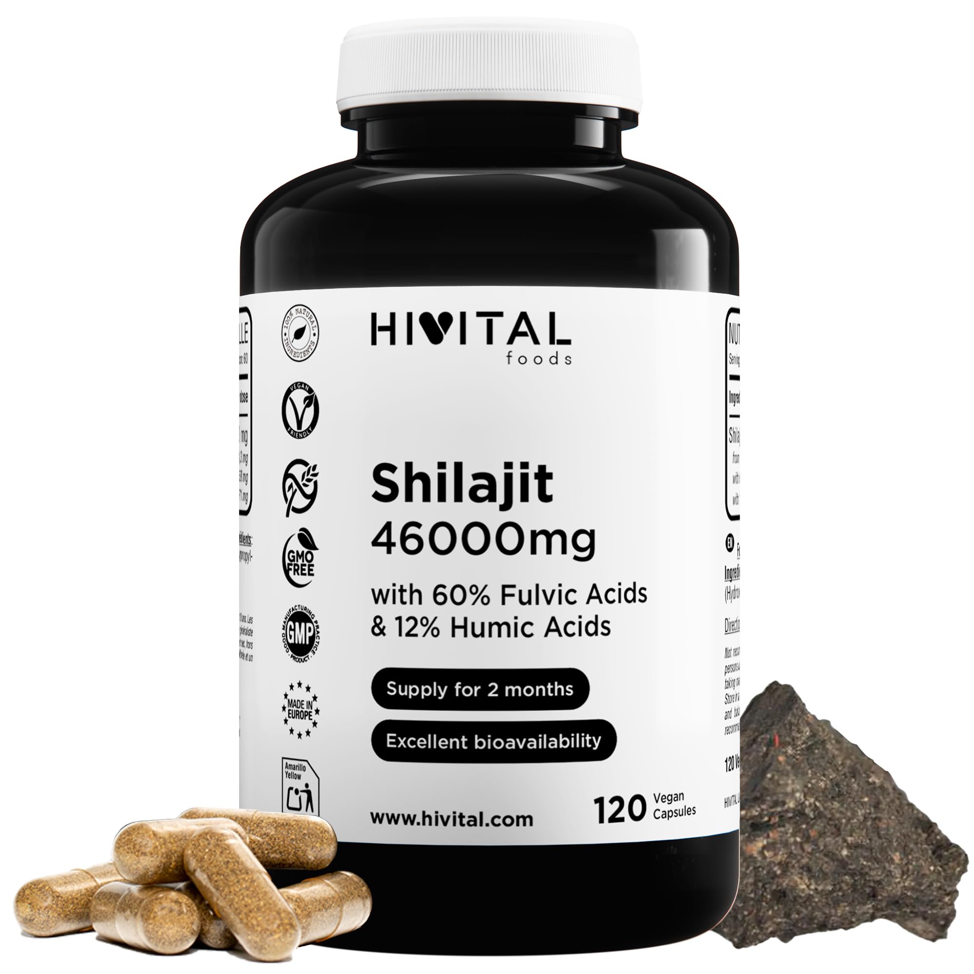 Shilajit Pure 46000 mg. 120 gélules végétaliennes pour 2 mois de traitement. 60% d'Acides Fulviques et 12% d'Acides Humiques. Riche en Minéraux et Oligo-éléments. Fabriqué en Europe par HIVITAL