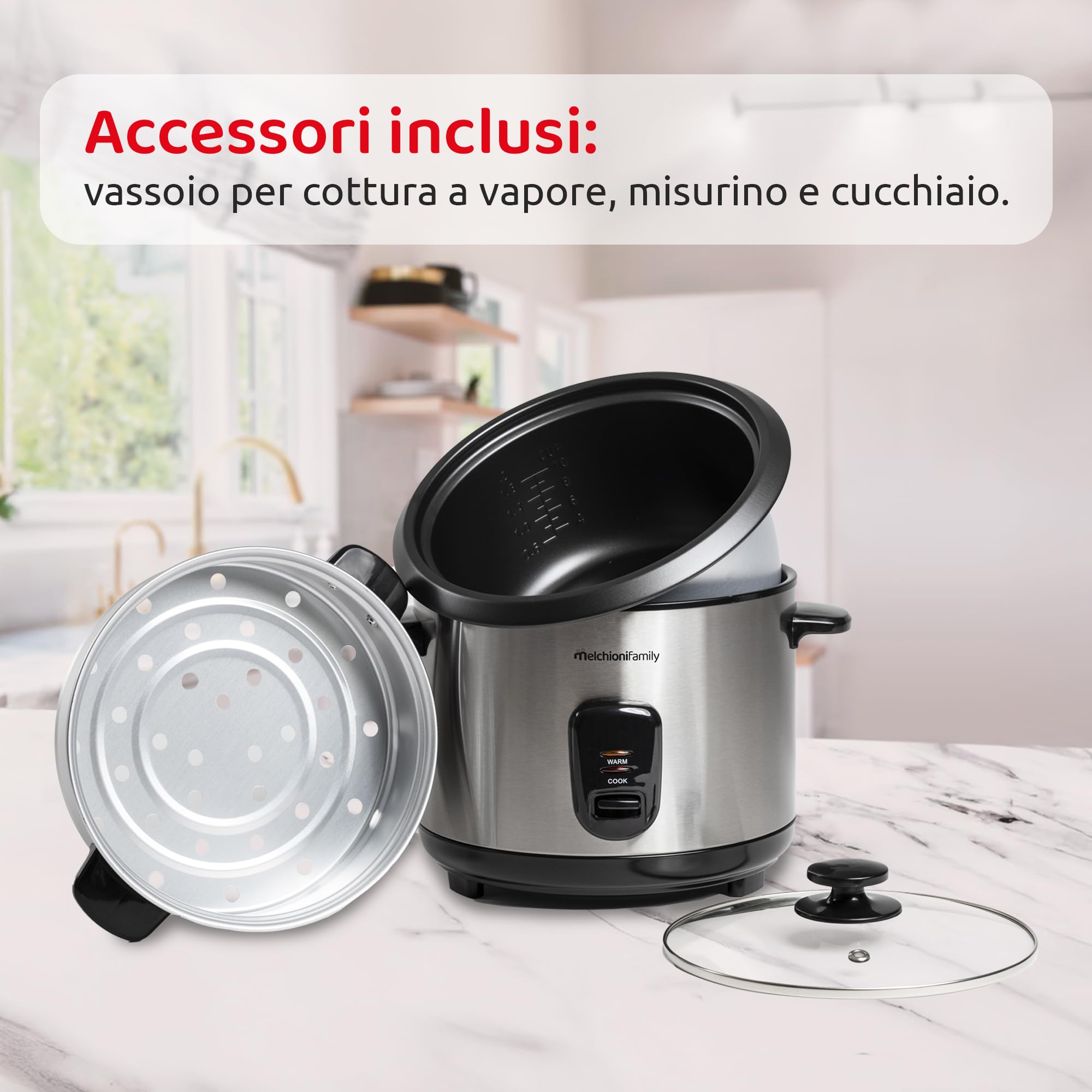 Melchioni Family | LOTO Cuociriso 1.8L con Cottura e Riscaldamento, Coperchio in Vetro, Antiaderente, Spegnimento Automatico, Vapore, 800W, Accessori Inclusi