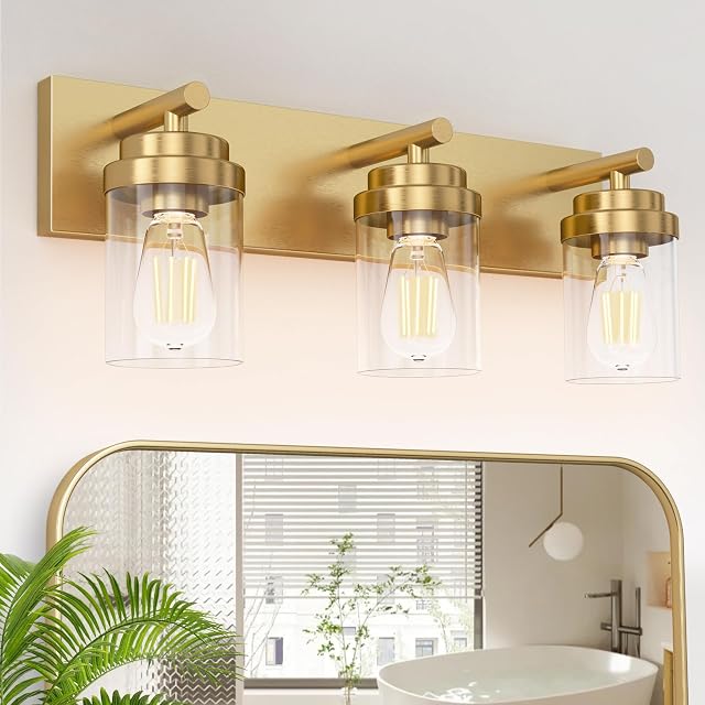 IZORRO Bathroom Vanity Light Fixture 3-Light 22 Inch Gold Bathroom Light Fixtures Over Mirror with Clear Glass Shade
