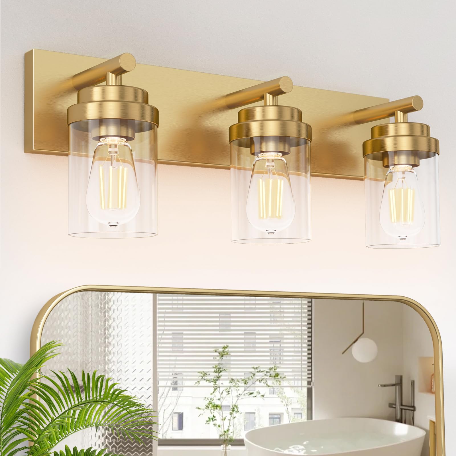 IZORRO Bathroom Vanity Light Fixture 3-Light 22 Inch Gold Bathroom Light Fixtures Over Mirror with Clear Glass Shade