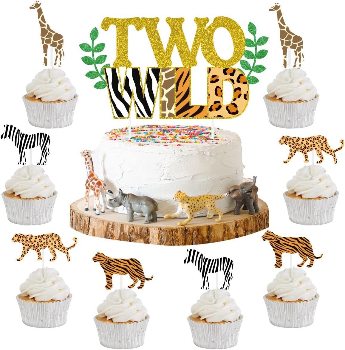 Sursurprise Two Wild Cake Toppers Jungle Animals Cupcake Toppers, Safari Animal Second Birthday Decorations Zoo Themed 2nd Birthday Party Cake Supplies