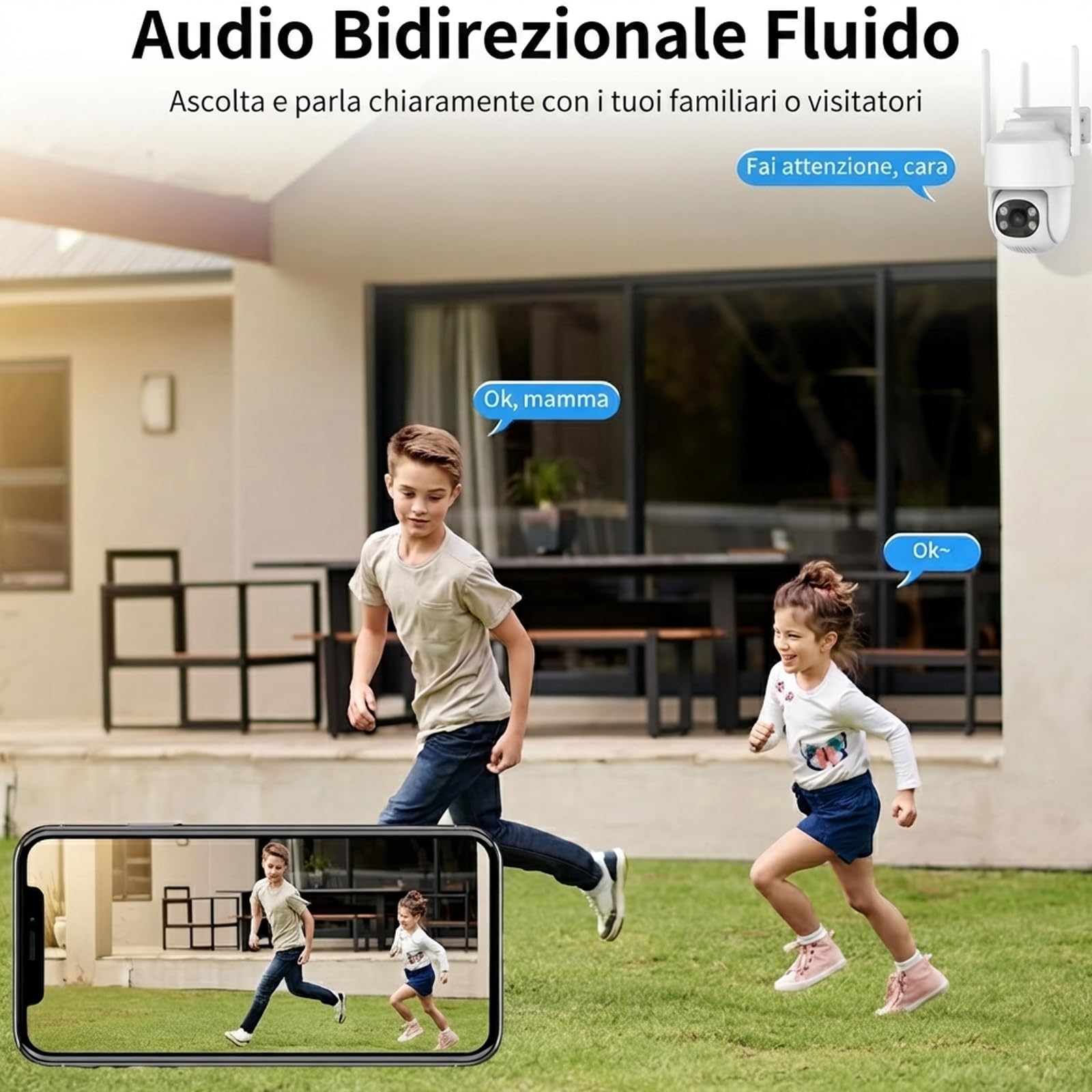 Nuwo 2K Telecamera Wi-Fi Esterno PTZ | 270°Pan/90°Tilt | Videocamera Sorveglianza IP Visione Notturna a Colori | Audio Bidirezionale | Rilevamento del Movimento | Allarme Sonoro e Luminoso | IP66