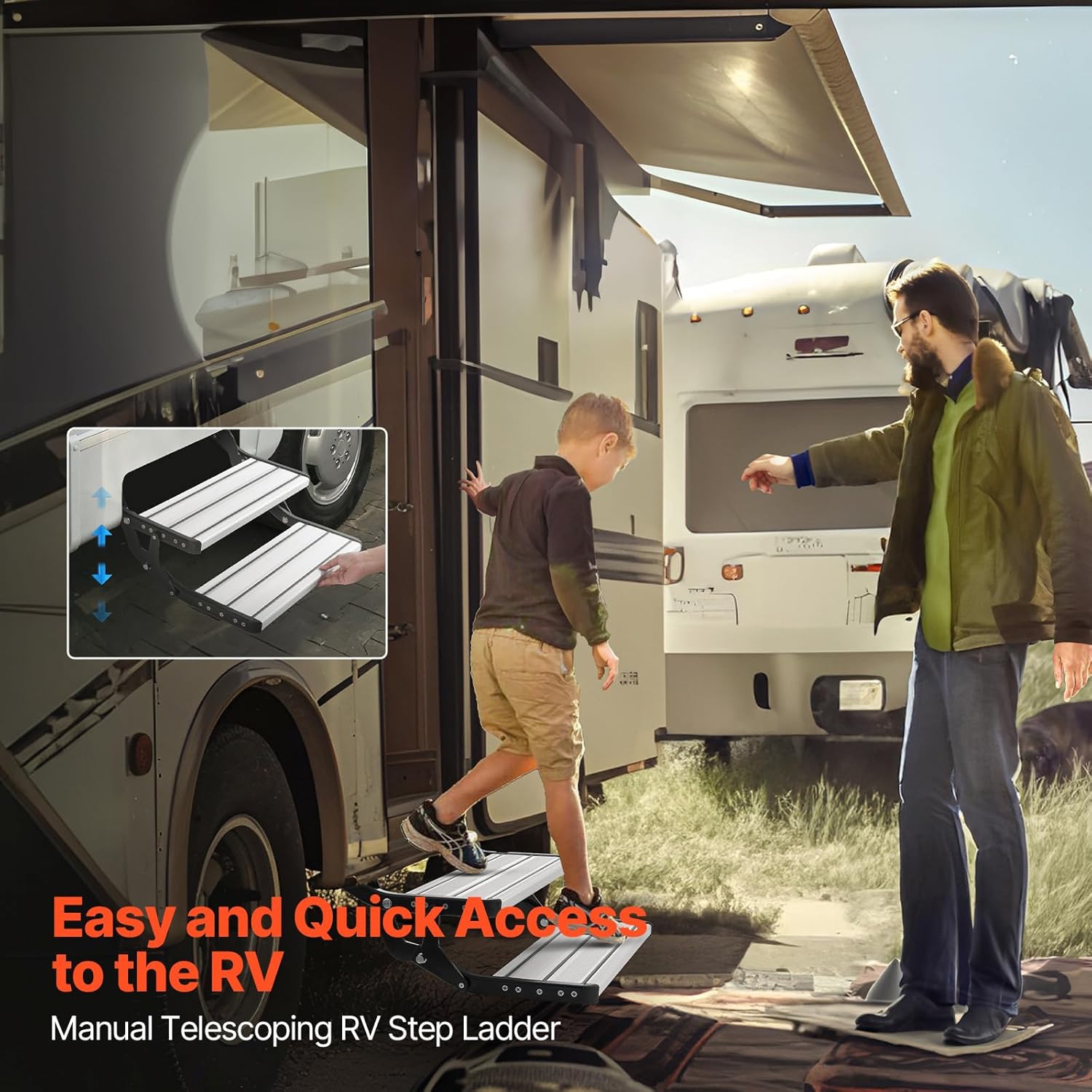 RV Steps, 2-Step, Manual Retractable RV Stairs, 440 LBS Load Capacity, Foldable Aluminum Alloy Steps, Thickened Steel Plate, Non-Slip Steps for Security Entry & Exit, RV, Trailer, Camper Step