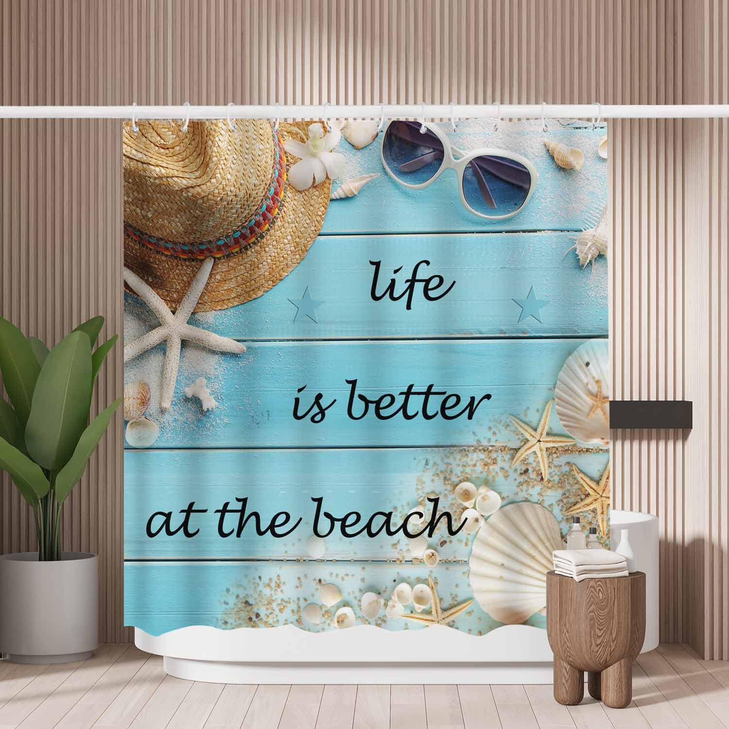 Woutay Shower Curtain Mould Proof Resistant Better Life at The Beach,Water Repellant Fabric,Polyester,Size 180x180CM