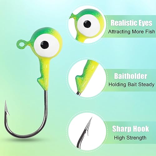 Miniatura 10 de Kit de ganchos para cabeza de plantilla de pesca, 65 piezas de señuelos de pesca de crappie Bass Walleye jig Heads para pesca redonda pintada