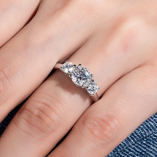 Miniatura 7 de Anillos de compromiso de moissanita de 1.4 a 2.2 quilates, color D, claridad VVS1, redondo, talla brillante, plata de ley 925, 3 piedras,