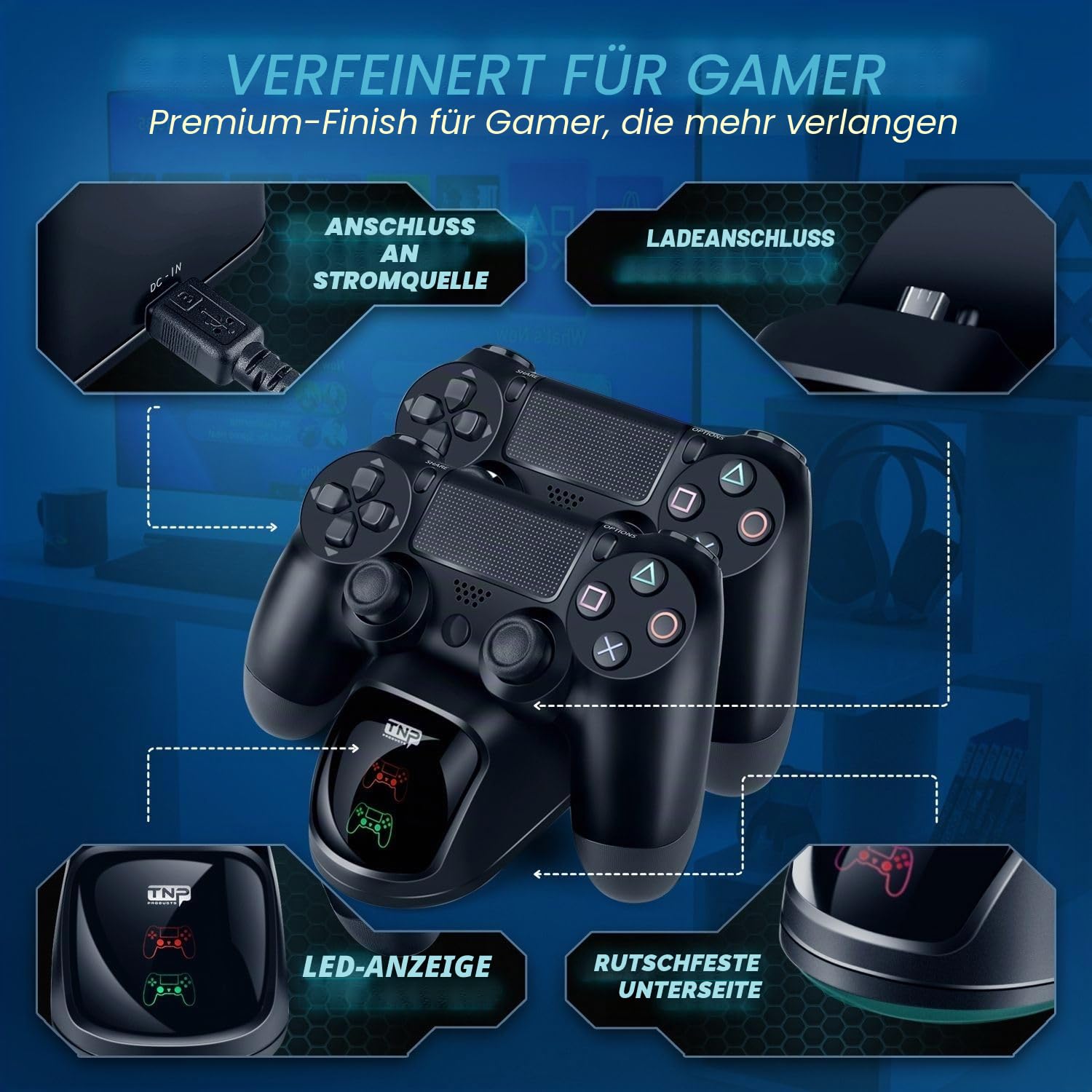 TNP PS4 Controller-Ladestation, PS4 Aufladestation, Ladegerät für Sony-PlayStation-4-Original-DualShock-4-Wireless-Controller, mit USB-Ladekabel und LED Anzeige, Passend für PS4 Pro/Slim, Schwarz