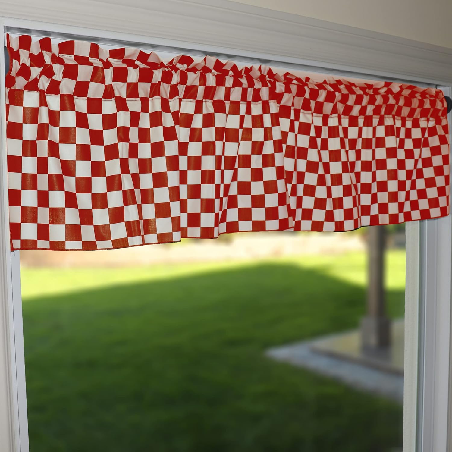 Zen Creative Designs 1" Checkerboard Print Cotton Window Valance Home Décor Racecar Flag Pattern Kids Bedroom Nursery Kitchen Window (58" Wide x 28" Long, Red and White)