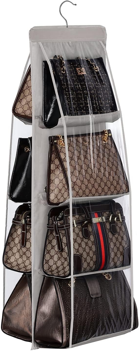 Handbag Hanging Organizer, 8 Pocket Hanging Purse Organizer Handbag Storage Hanger Oxford Cloth Closet Organizer for Family Closet Bedroom, Foldable and Universal Fit, Grey