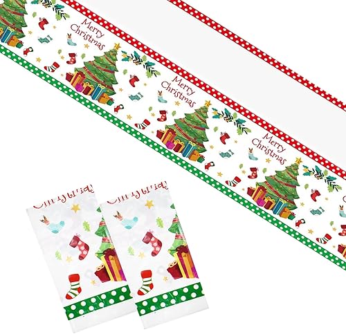 Miniatura 1 de LaZimnInc Paquete de 2 manteles de Navidad de 54 x 108 pulgadas desechables de Navidad impermeables de plástico para decoración de fiestas de Navidad