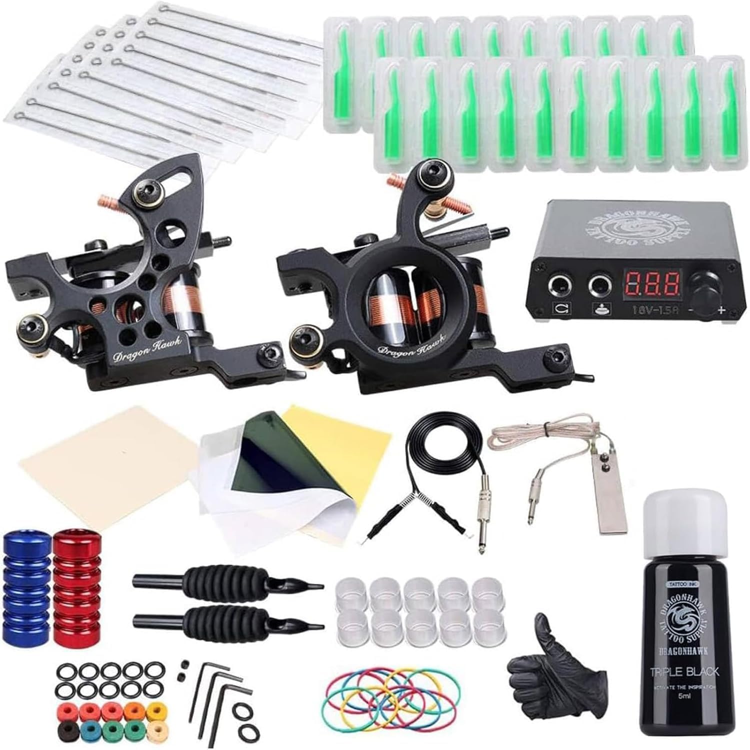 Dragonhawk Traditional Pro Complete Tattoo Kit - Two Machines Gun Easy Use Color Ink Power Supplies Disposable Needles Grips Great for Beginners & Starter Tattoo Aritsts 11-85