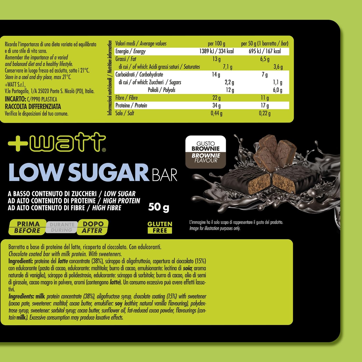 Low Sugar Bar - Barretta a Base di Proteine del Latte - Formato: BOX 24 x 50 g - Gusto: Brownie - Contiene Oltre il 30% di Proteine - Gluten Free