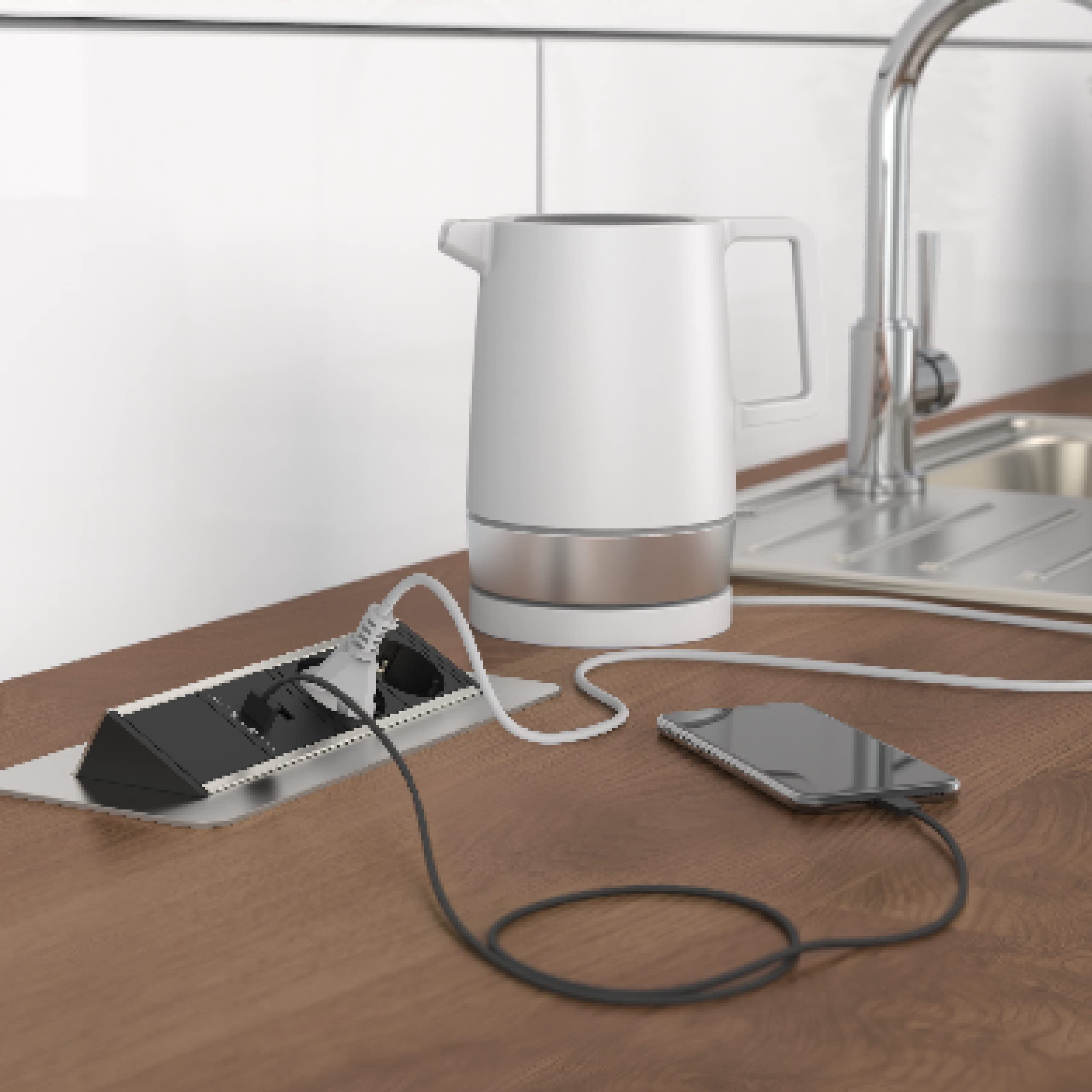 SCHÜTTE, presa multipla richiudibile per piano di lavoro (2 porte USB e 2 prese da 230 V), presa a incasso per cucine da attrezzare, presa da tavolo, in acciaio inox
