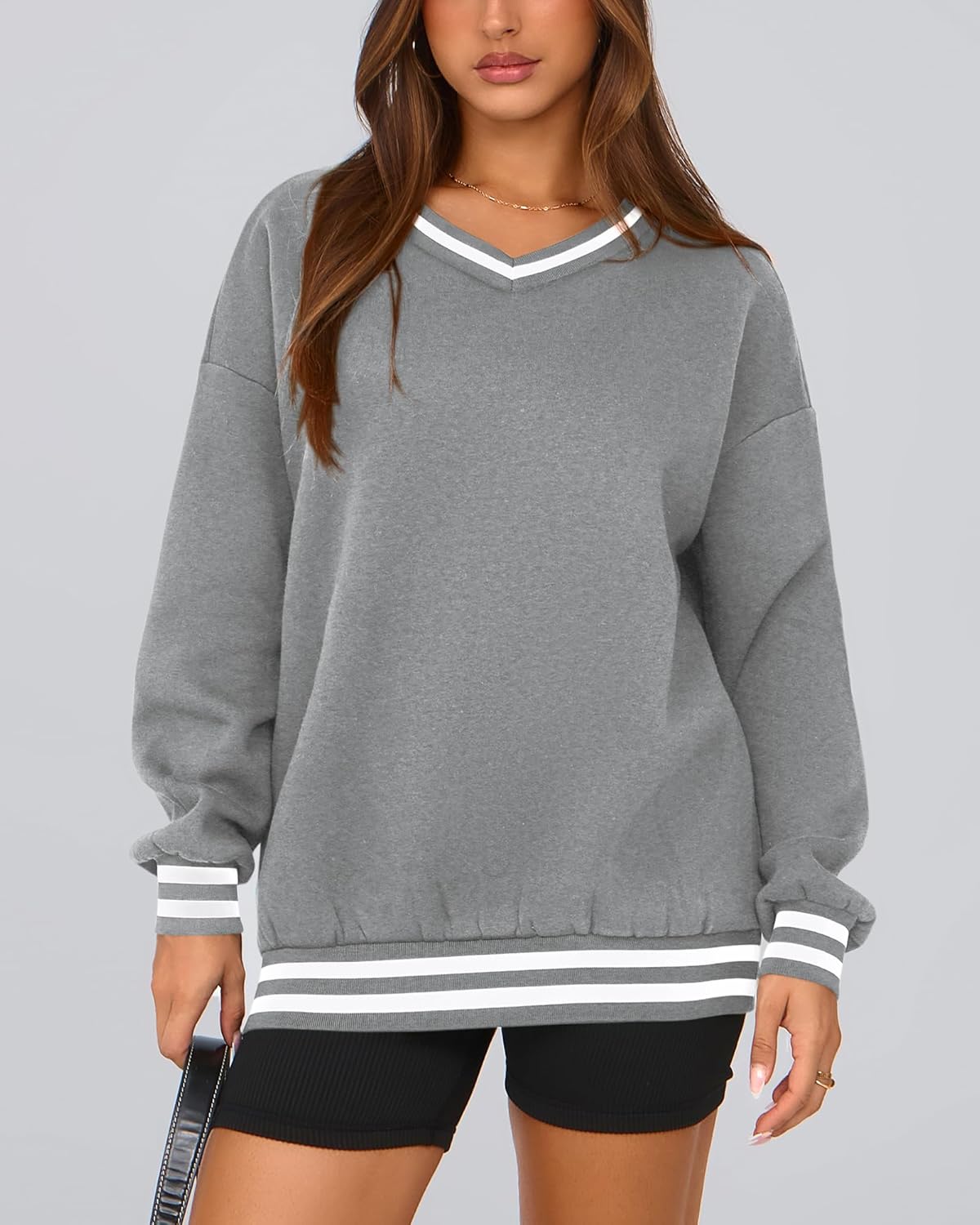 PRETTYGARDEN Women's Oversized Sweatshirts Casual Long Sleeve Stripes Knit V Neck Pullover Top Spring Preppy Clothes - Image 4