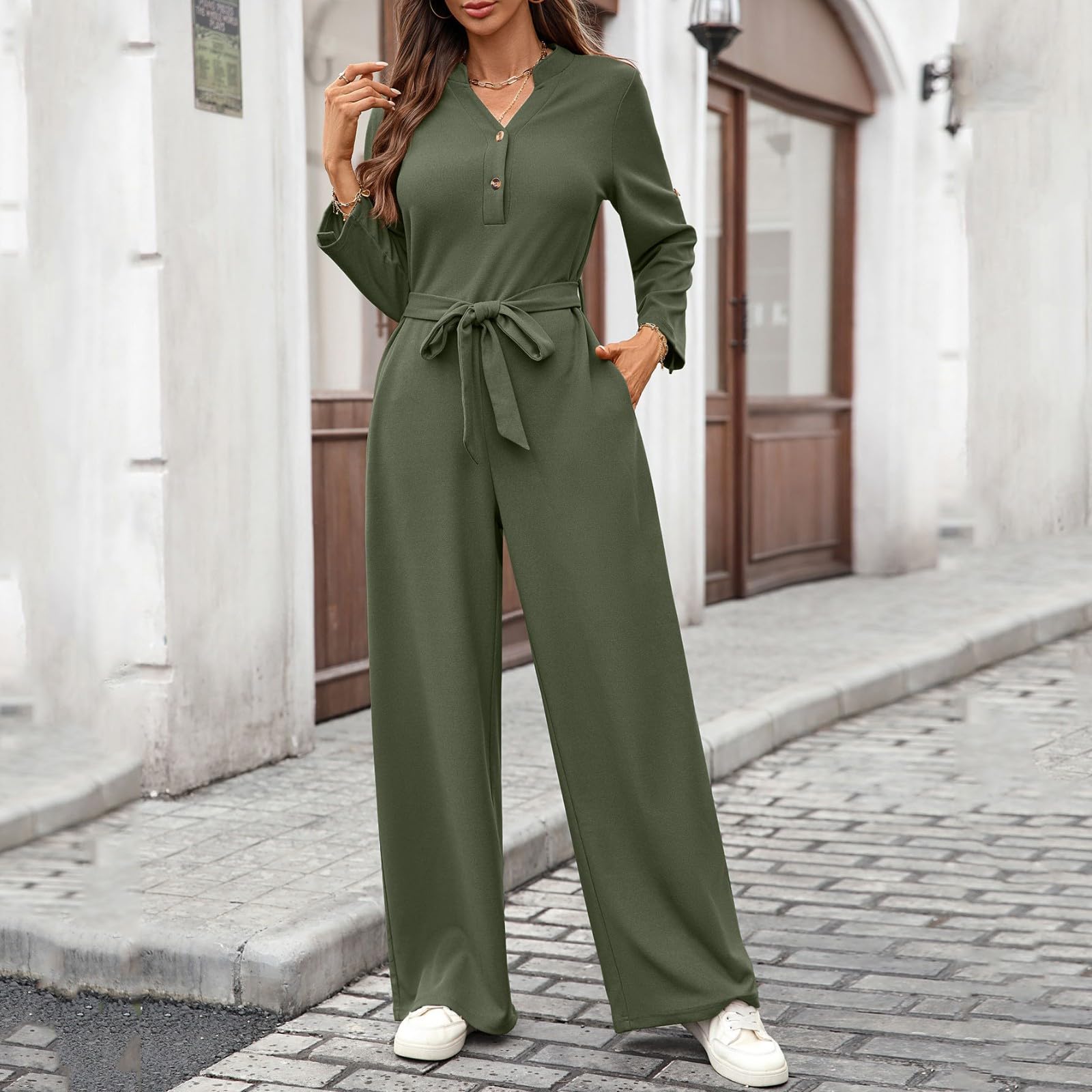 Tuta Da Donna Elegante, Jumpsuit taglie forti vita alta bottoni allacciati manica lunga vestibilità ampia versatile e alla mo per ogni occasione.
