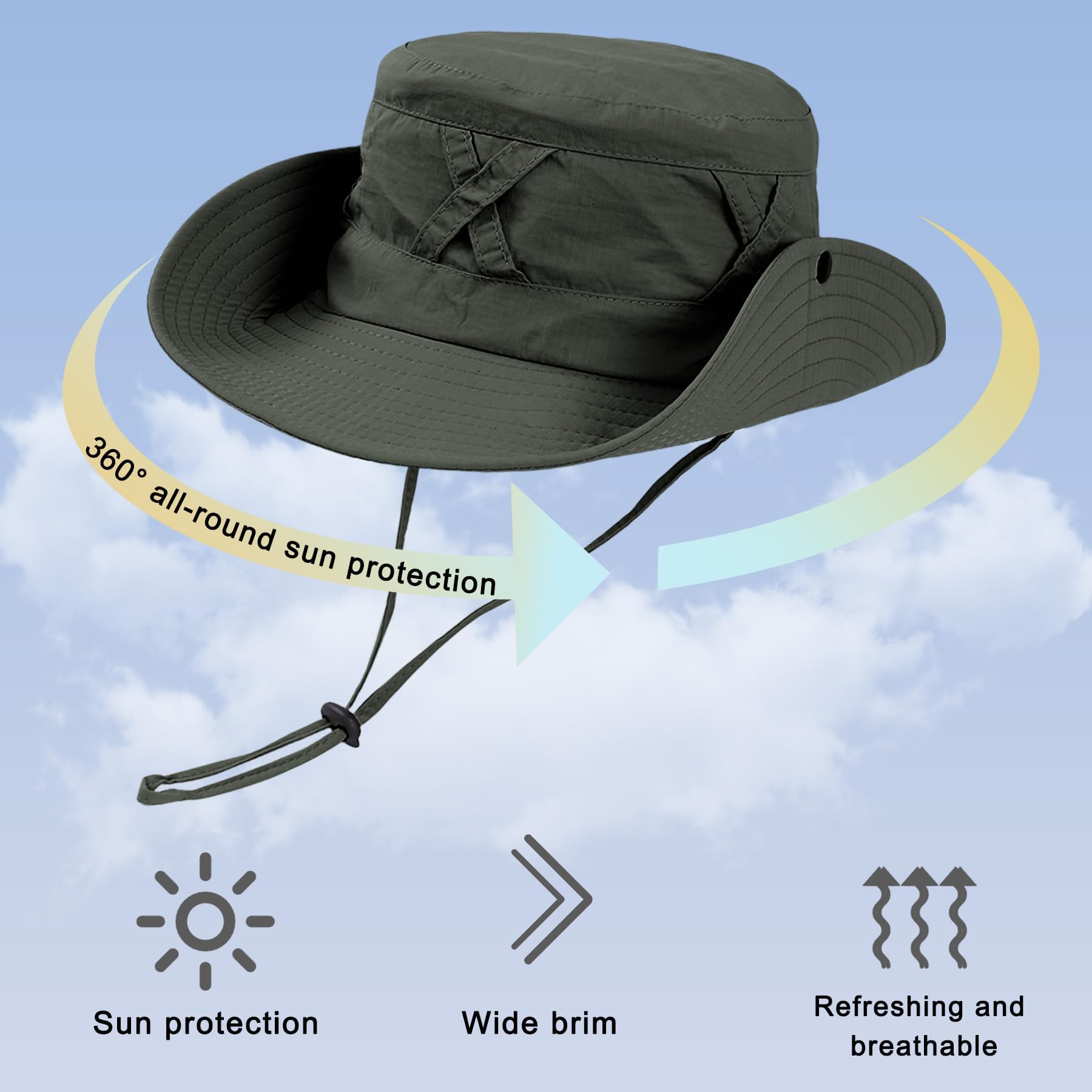 Feng Shui， Outdoor-Eimerhut für Damen – atmungsaktiver Sonnenhut mit breiter Krempe und UV-Schutz, verstellbarem Riemen und Kreuzband-Design