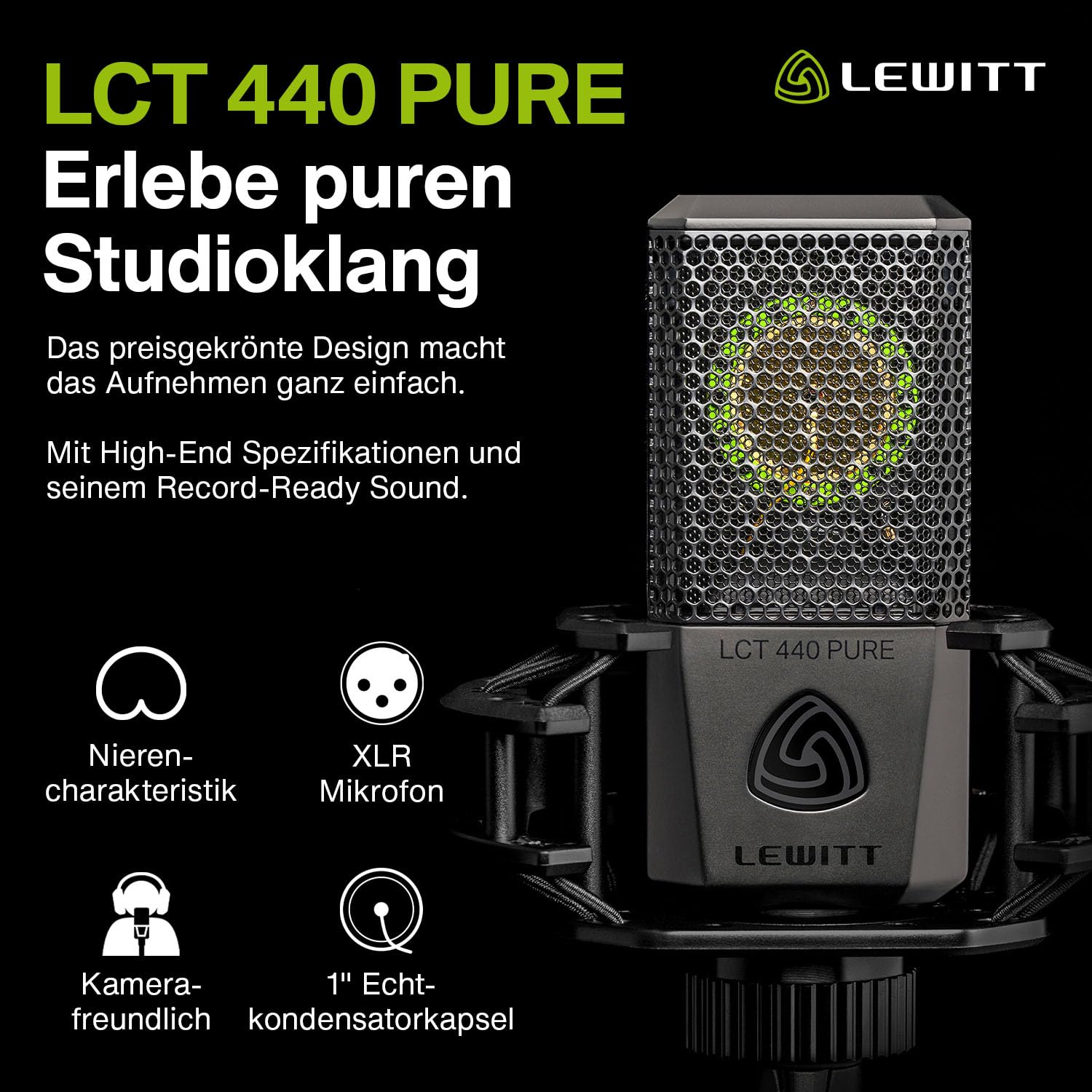 LCT 440 Pure - XLR-Kondensatormikrofon mit 1" Kapsel - Ideal für Gesang, Instrumente, Podcasting & Streaming - Inklusive Mikrofonspinne, Popschutz, Windschutz & Transporttasche