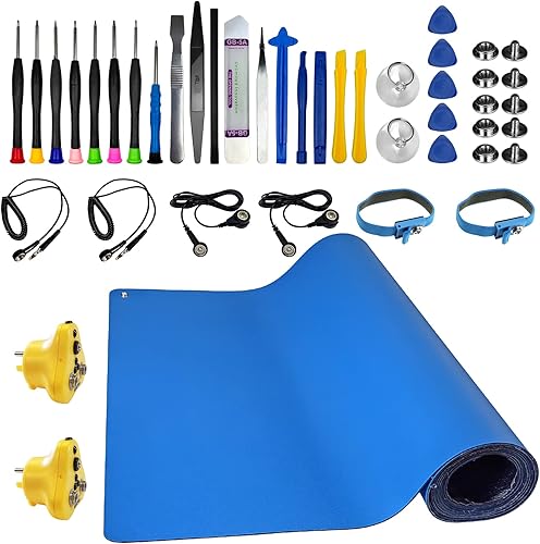 Miniatura 7 de KooMall - Alfombrilla de goma ESD de 60 x 24 pulgadas con textura para piso de banco con correa de muñeca antiestática, kit de enchufe de conexión a