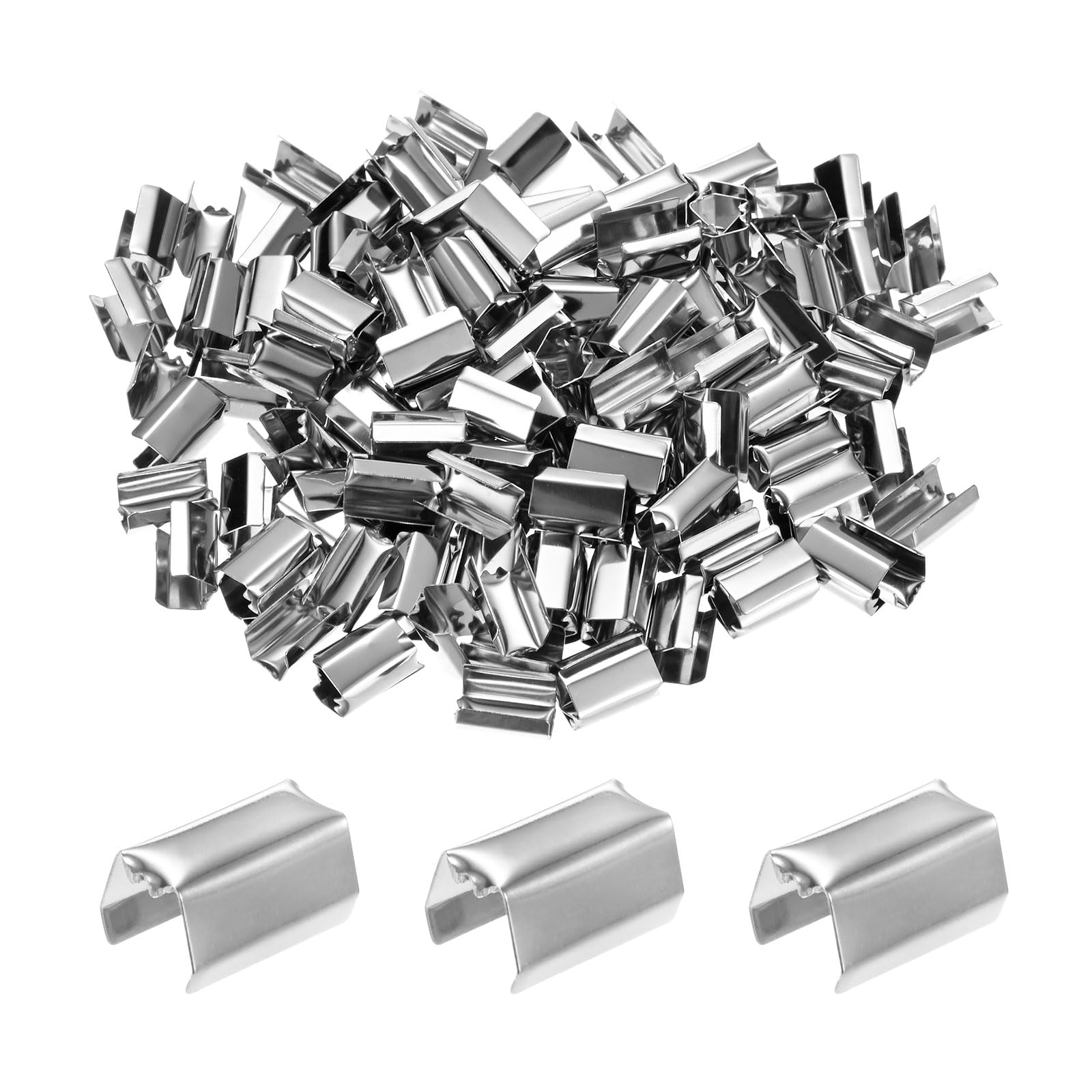 M METERXITY 200-Pack Fold Over Crimp End Caps, 0.4 x 0.2in/ 10 x 5mm Crimp Fasteners Ribbon Ends with Clamps for Jewelry Making/Leather Decor/DIY/Bracelets, Belt Buckle End Tip [Silver]