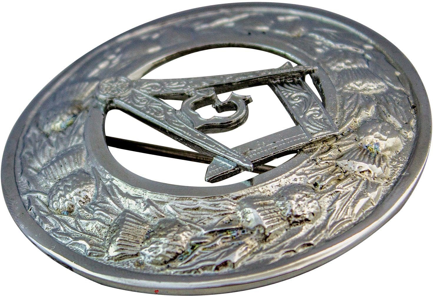 I LUV LTD Plaid Brooch Fly Pewter with Masonic Badge 2 Styles Made in UK Traditional Scottish Kilt Pin Celtic Cape Sash Male Brooch Kilt Accessories for Men