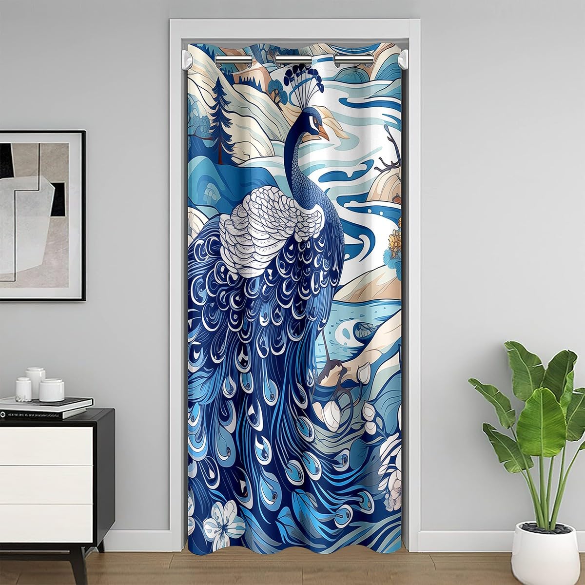 Homemissing Kids Peacock Door Curtain for Doorway Privacy 86x203cm Animal Theme 30%-50% Room Darkening Blackout Insulated Thermal Curtain Peacock Feathers Design Luxury Window Treatments