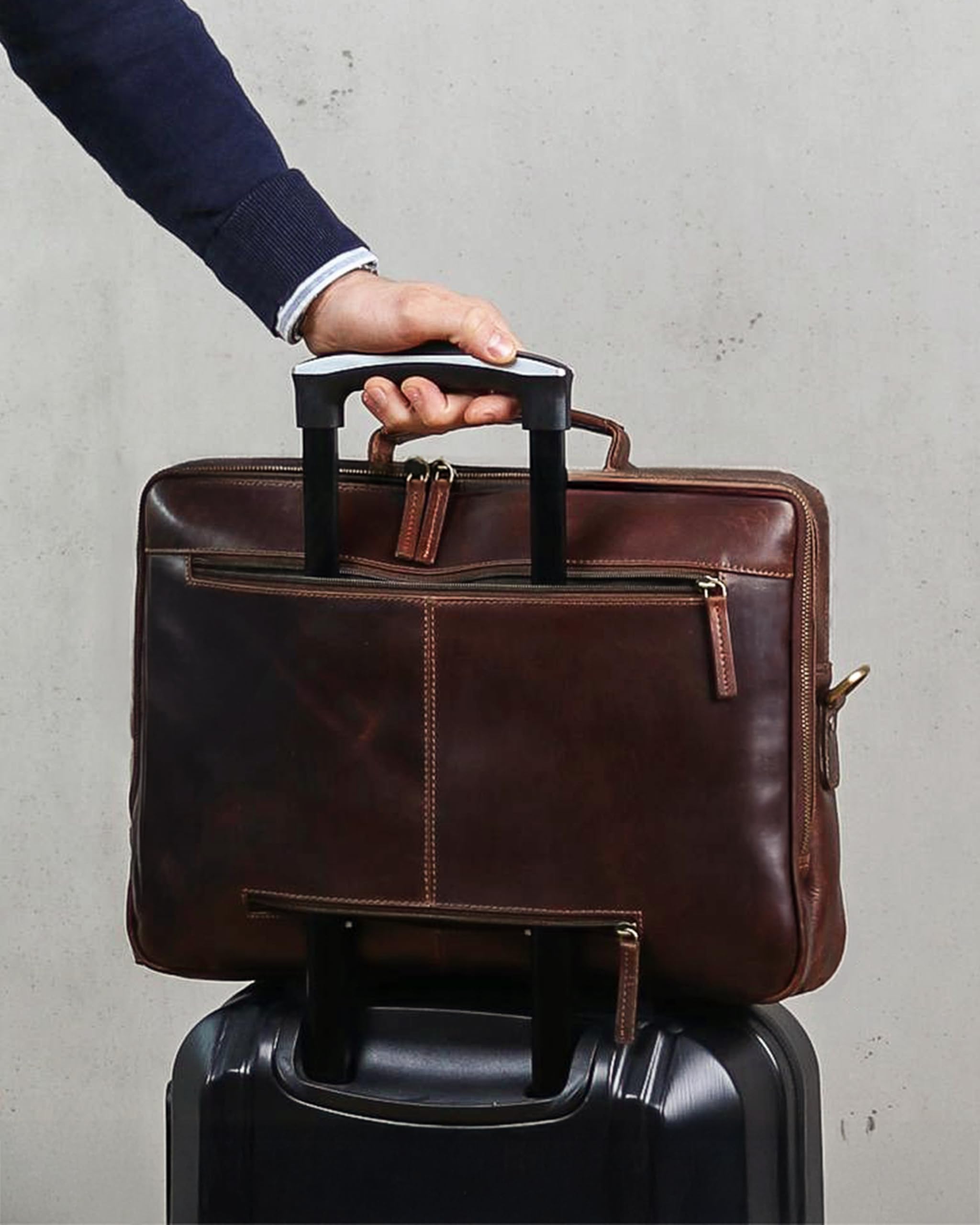 SID & VAIN große Laptoptasche mit Frontfach echt Leder - 15 bis 17 Zoll Laptop Business-Tasche SIMON XL - Umhängetasche Aktentasche extra Laptop-Hülle - Herren Damen braun handgefertigt