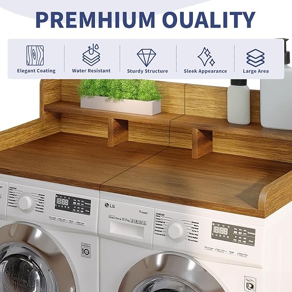 Washer Dryer Countertop with Shelf, 54 W x 27.5 D Laundry Wood Topper with Raised Edge & Non-Slip Pads, Double Layer Organizer for Washer and Dryer