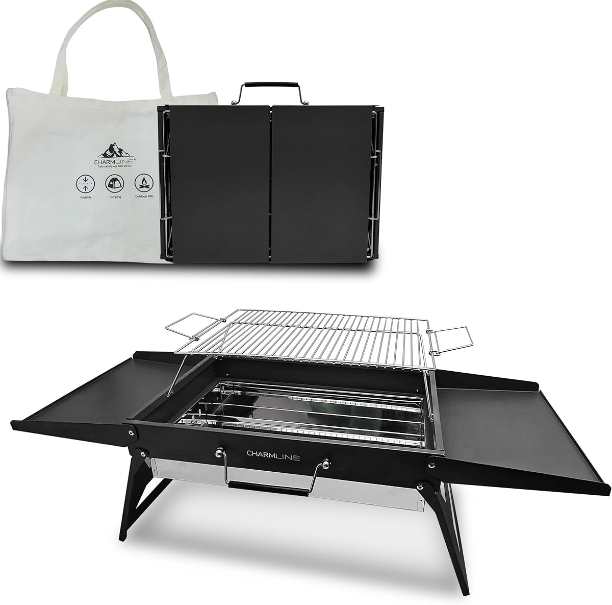 Charmline 51x35cm Foldable Portable Holzkohlegrill, Kompakte Tragbare Grill für Den Außenbereich, BBQ Grill für Camping, Picknicks, Gärten und Strand Parteien, Schwarz