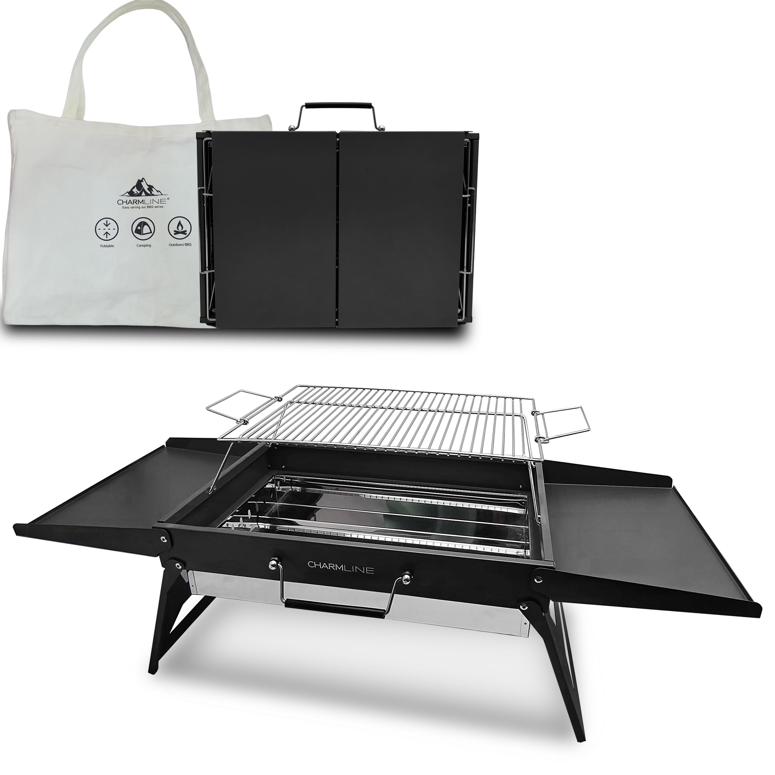 Charmline foldable desktop charcoal grill 20x14 inches with liftable grilling net