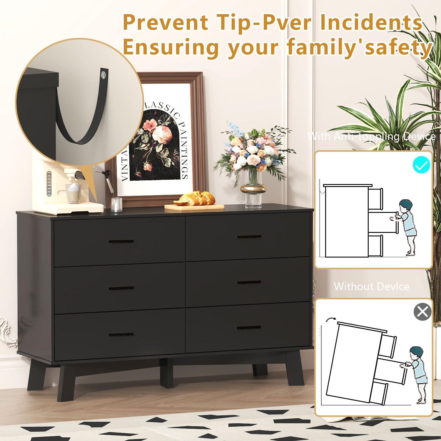 Black Dresser 6 Drawer Dresser for Bedroom, Modern Wood Chest of Drawers with Legs, Metal Handles, TV Stand and Storage Cabinet for Living Room, Hallway, Nursery, Closet