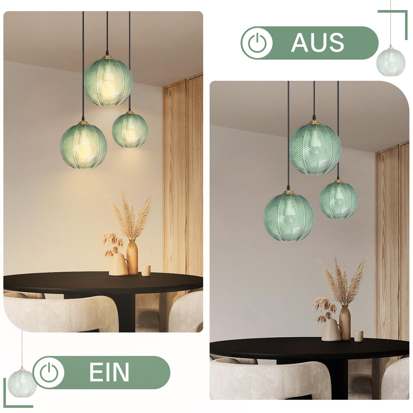 Pendelleuchte Esstisch 3-Flammig, Modern Hängeleuchte Höhenverstellbar Hängelampe Glas Grün, E27 Esstischlampe Hängend für Wohnzimmer Küche Schlafzimmer Flur