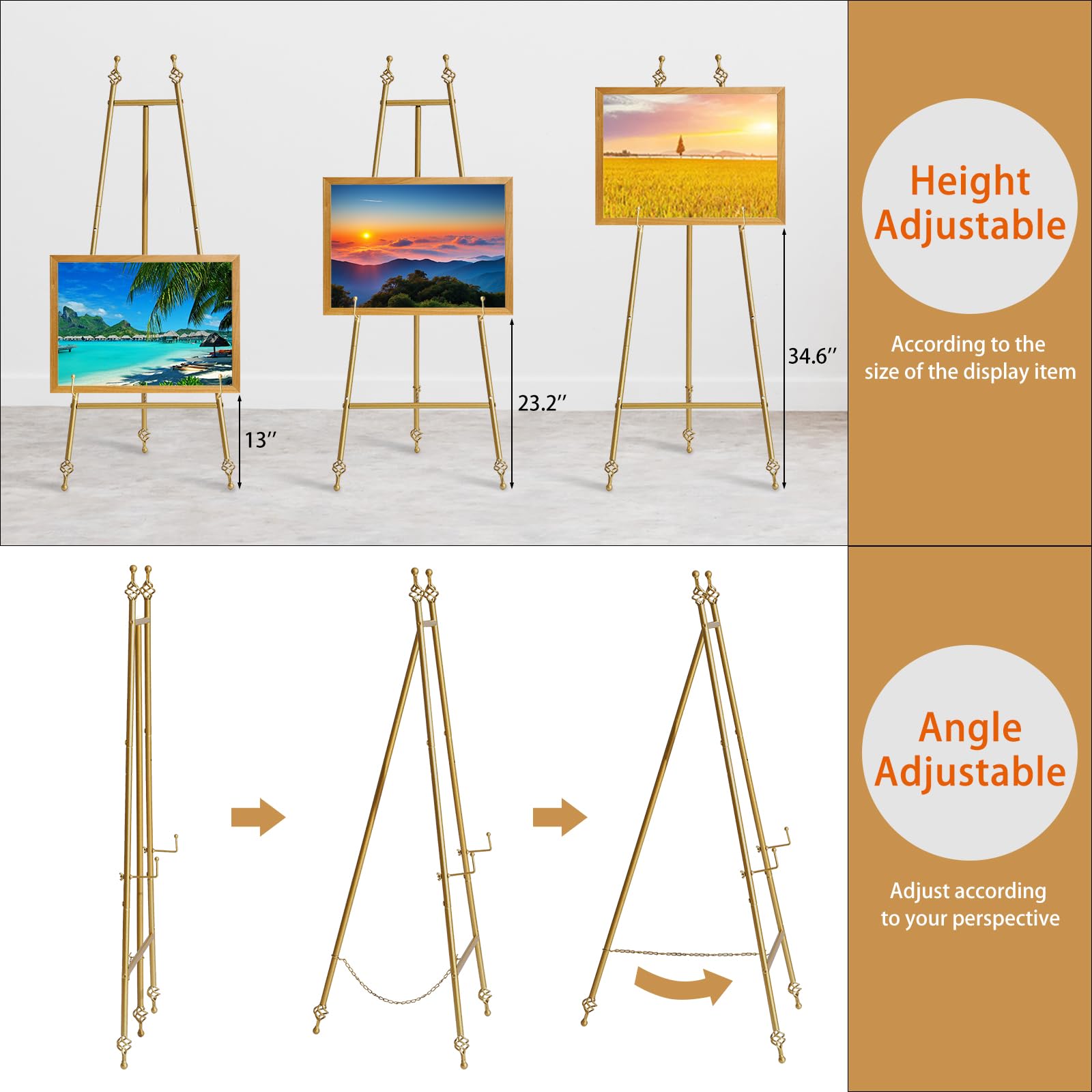 Caballete de metal con soporte de cadena para espejo, caballetes de piso de hierro para exhibición de letreros de boda, caballetes ajustables de 58 pulgadas para artes y manualidades (dorado)