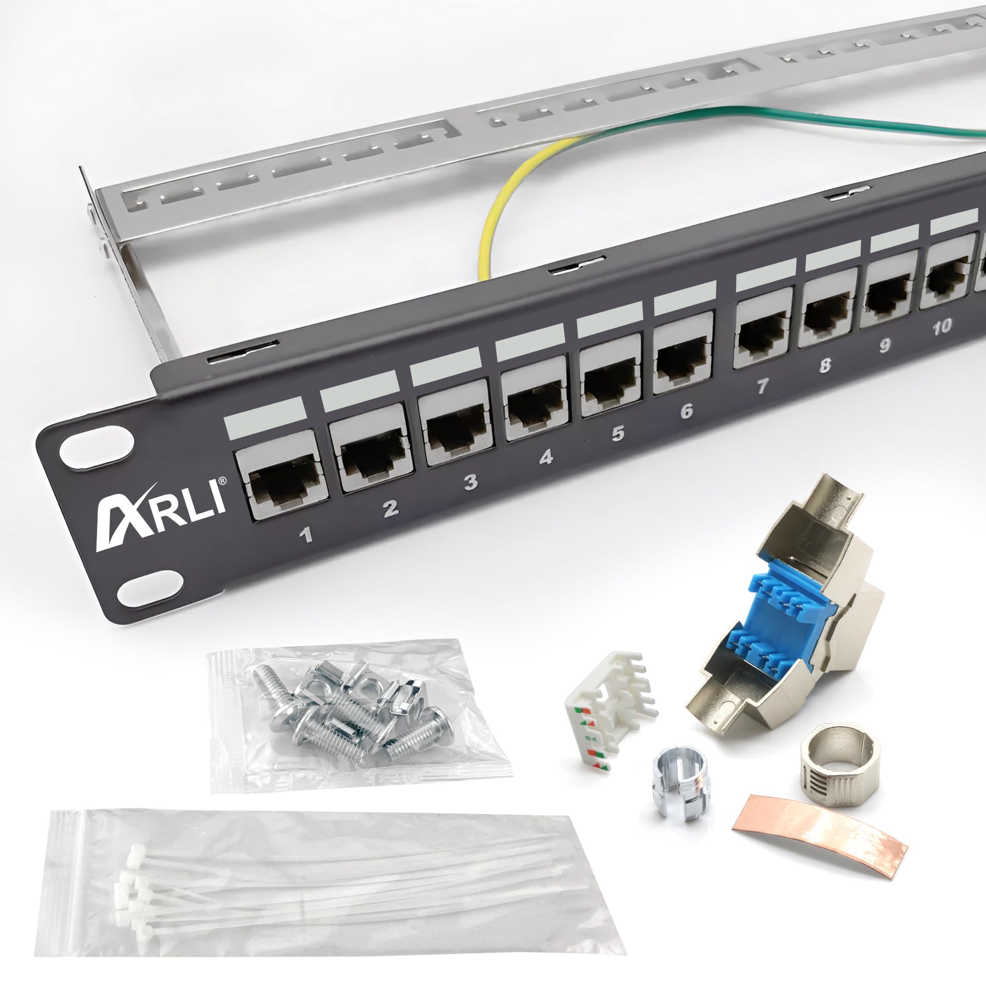 ARLI 24 Port 19" Patchpanel Set Patchfeld Modular 1HE 19 Zoll Rackeinbau + 24x Keystone Module CAT8.1 Kompatibel CAT7 LAN Netzwerk Verlegekabel Schwarz