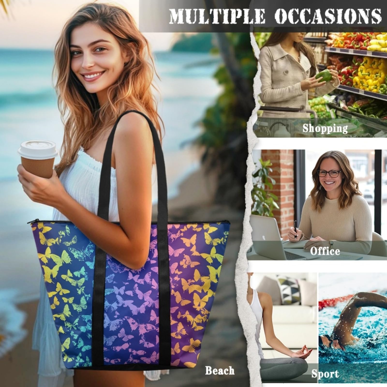 Tote Bag Tela Bolsa Tela Poliéster Bolsa Compra Plegable Bolso de Mano de Mujer Reutilizable Totebag Playa Cremallera Duradero Bolso Viaje