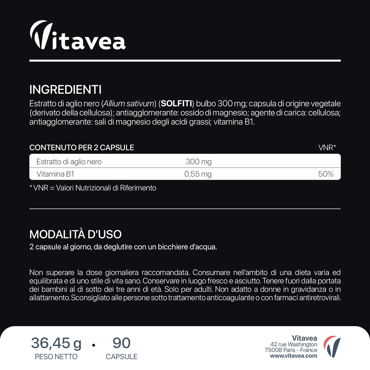 Aglio Nero Fermentato 9000 mg (Estratto 30:1) + Vitamina B1 – Supporto Salute Cardiovascolare e Funzione Cardiaca – Antiossidante Naturale – Senza Odore – 90 Capsule Vegane