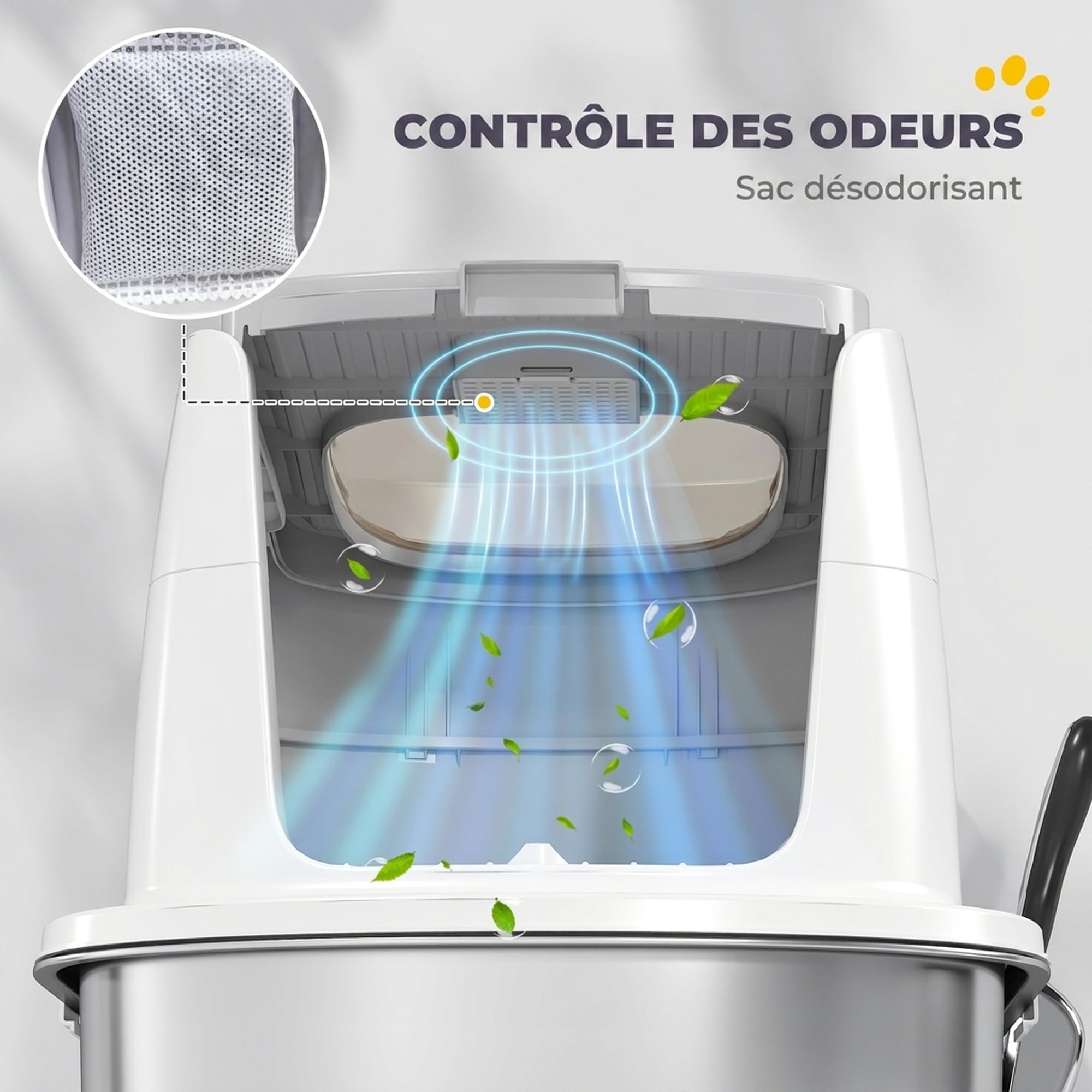 PawHut Bac à Litière Fermé en INOX pour Chat Pelle 52,4x41,3x39,8cm Blanc | Maison de Toilette pour Chat, Couvercle Amovible, Entrée Frontale et Sortie Supérieure, Sachet Désodorisant