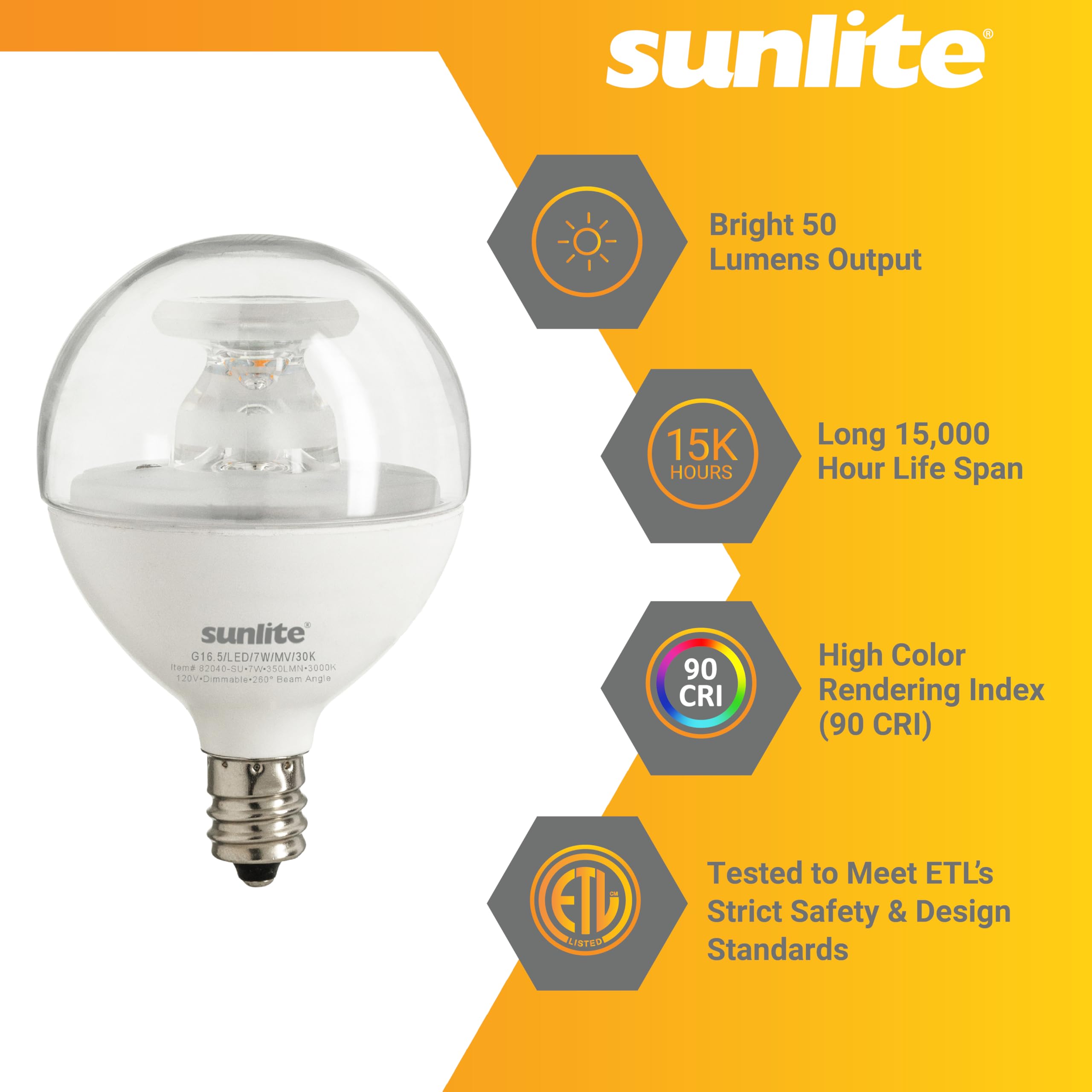 Sunlite LED G16 5 Light Bulb 5 Watts 40W Equivalent 350 Lumens 90 CRI Candelabra Base E12 Clear — view 3
