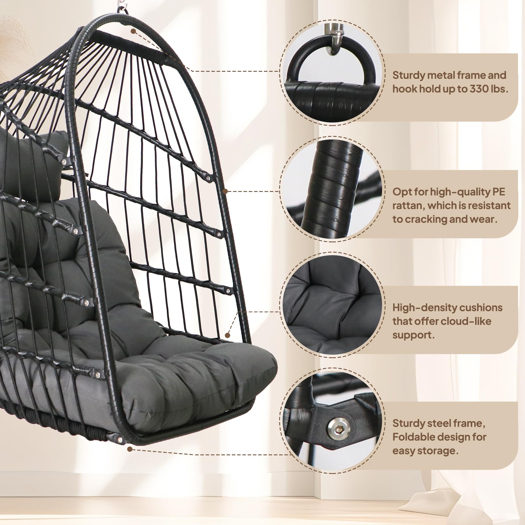 Sedia a uovo con supporto ultra robusto e cuscino Sedia sospesa Sedia a dondolo in vimini Rattan Sedia a sdraio per interni ed esterni Capacità 150 kg Balcone Portico Camera da letto Giardino