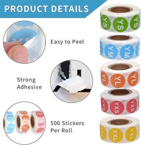 Miniatura 3 de 2500 calcomanías de tamaño de ropa juvenil, etiquetas de tamaño de ropa, etiquetas de tamaño circular de 0.9 pulgadas, etiquetas adhesivas redondas