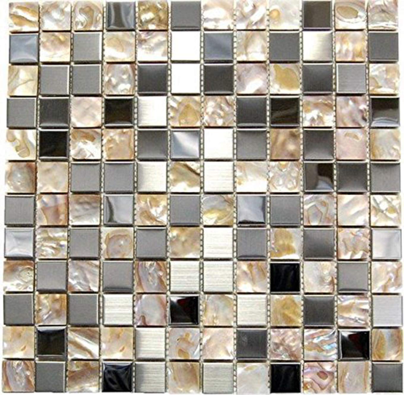 Interlocking Stainless Steel + Shell Mix Mosaic - Opulence Tile (5-Sheets) Kitchen, Bathroom, and Patio Flooring | Indoor and Outdoor Use | Natural Auburn Stones | Quick and Easy Grout Installation