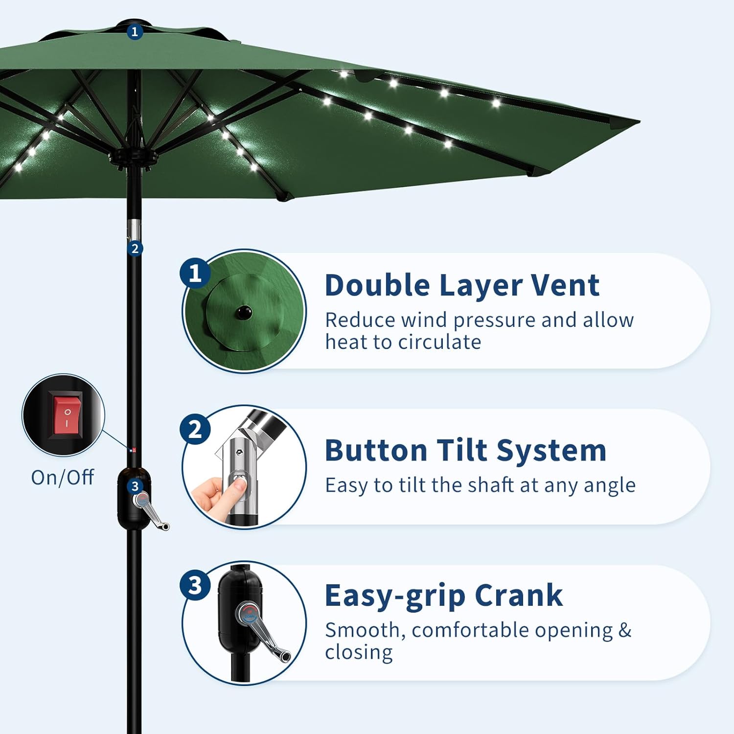 Patio Umbrella with Solar Lights, Outdoor Table Umbrella with 8 Durable Ribs, Tilt & Crank Mechanism, Waterproof & UV Protection for Garden, Backyard, Poolside (Dark Green, 10 FT)