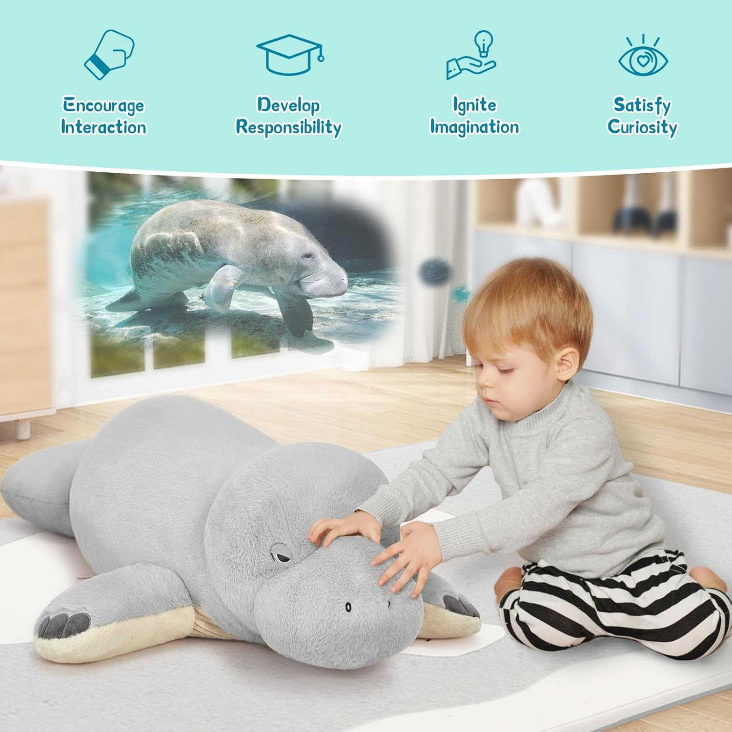 MorisMos 47 Inch Manatee Plush Toy, Large Manatee Stuffed Animal Soft Sea Animal Pillow Gifts for Kids Chirstmas Birthday Party