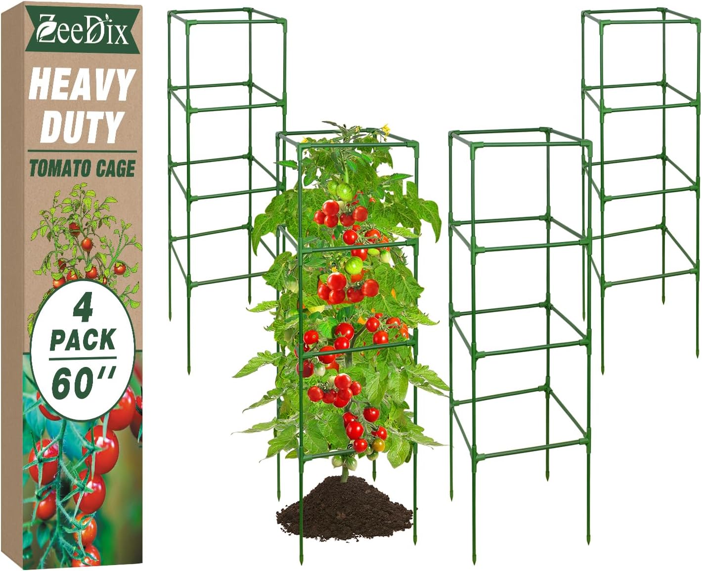 ZeeDix 4 Pack Tomato Cages for Garden 60 Inches, Heavy Duty Square Adjustable Tomato Trellis Cage Climbing Plant Support Trellis Plant Cages for Climbing Vegetables Flowers with 40Pcs Clips