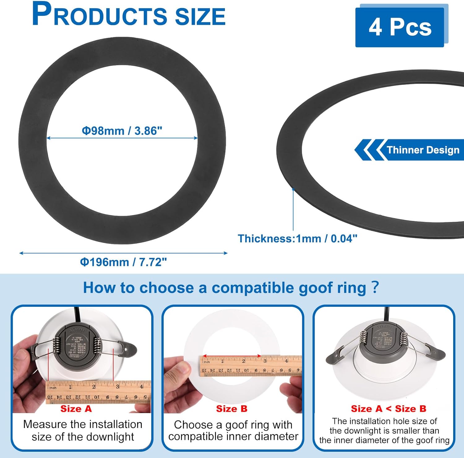 PATIKIL 4 Packs Home Lighting Ceiling Medallions 3.86" ID and 7.72" OD, Metal Flat Round Goof Plate Cover Ring Decorative Trim for Hanging Pendant Lights Recessed Can Lighting, Black