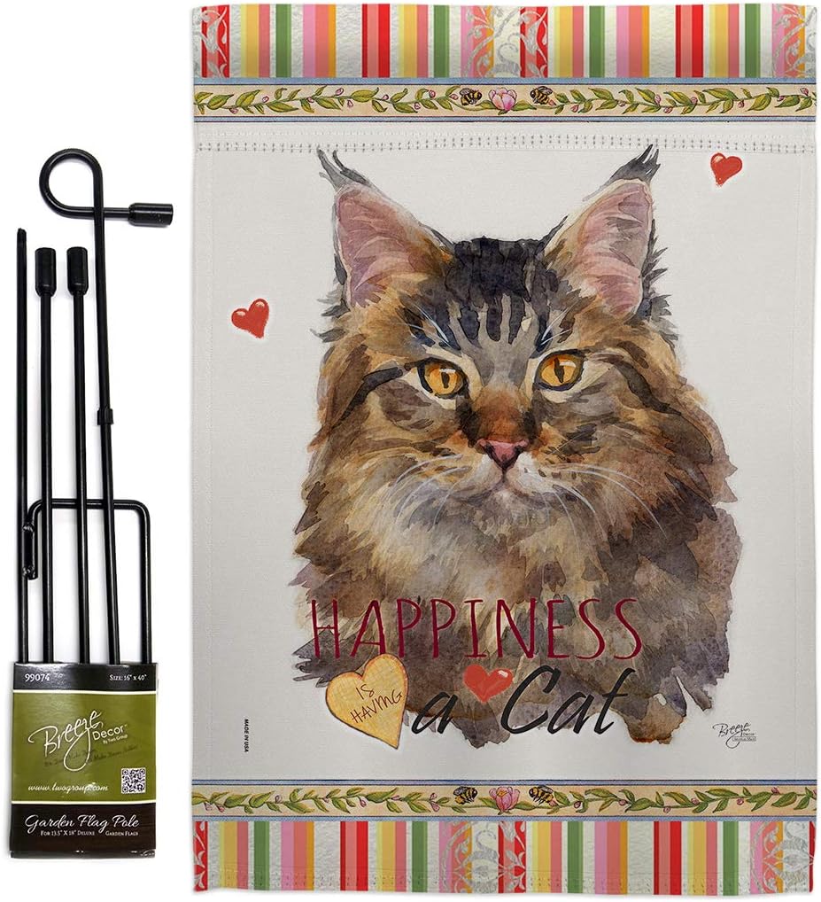 Maine Coon Happiness Burlap Burlap Garden Flag Animals Cat Kitten Meow Spoiled Paw Fur Pet Nature Farm Animal Creature Small Decorative Gift Yard House Banner Double-Sided Made In USA 13 X 18.5