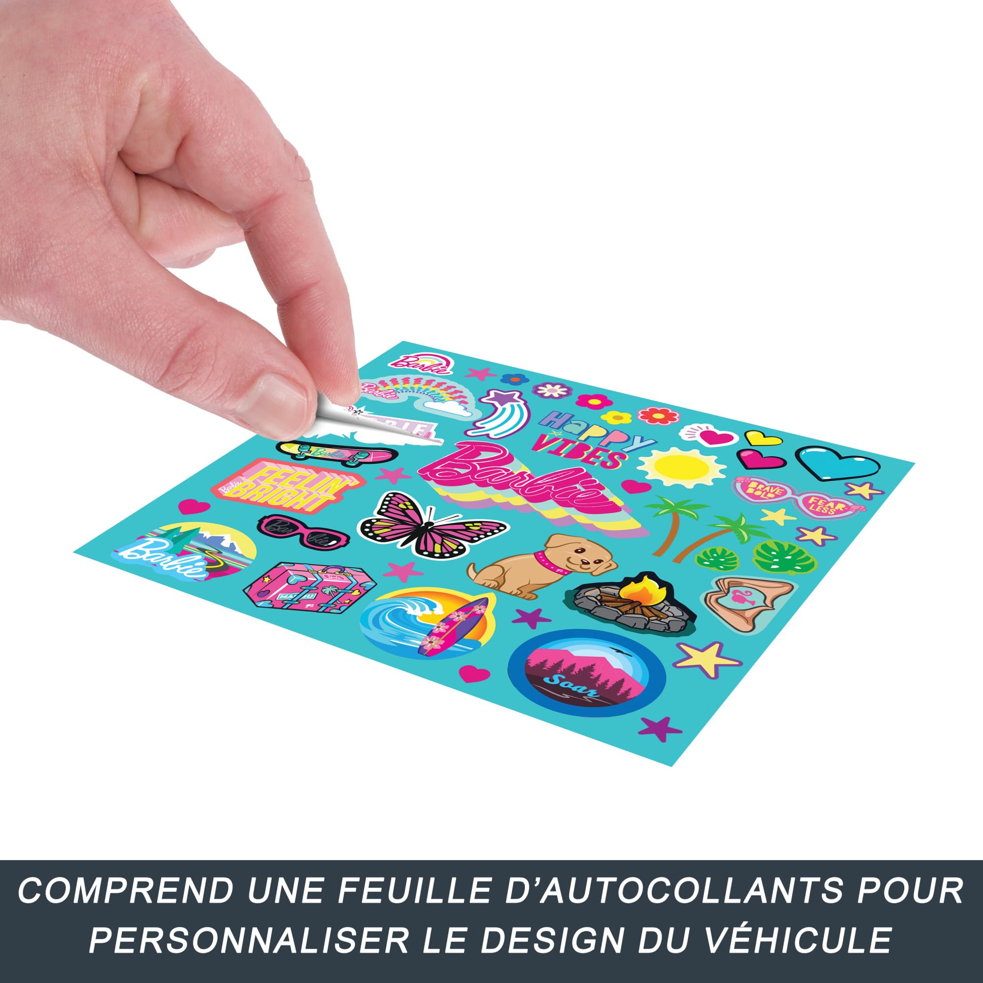 Hot Wheels Voiture Télécommandée, Grand Véhicule Tout-Terrain Barbie Véhicule pouvant contenir 2 poupées Barbie, Autocollants à appliquer par Les Enfants pour Personnaliser Le véhicule, HTP53
