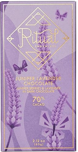Ritual Barra de chocolate negro, chocolate con lavanda de enebro, 70% cacao, notas de lavanda, enebro, pino, cítricos y flores, 2.12 onzas